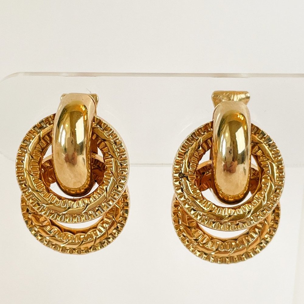 Vintage Earrings Marino Triple Ring Clip On Gold Tone Mid Century Jewelry